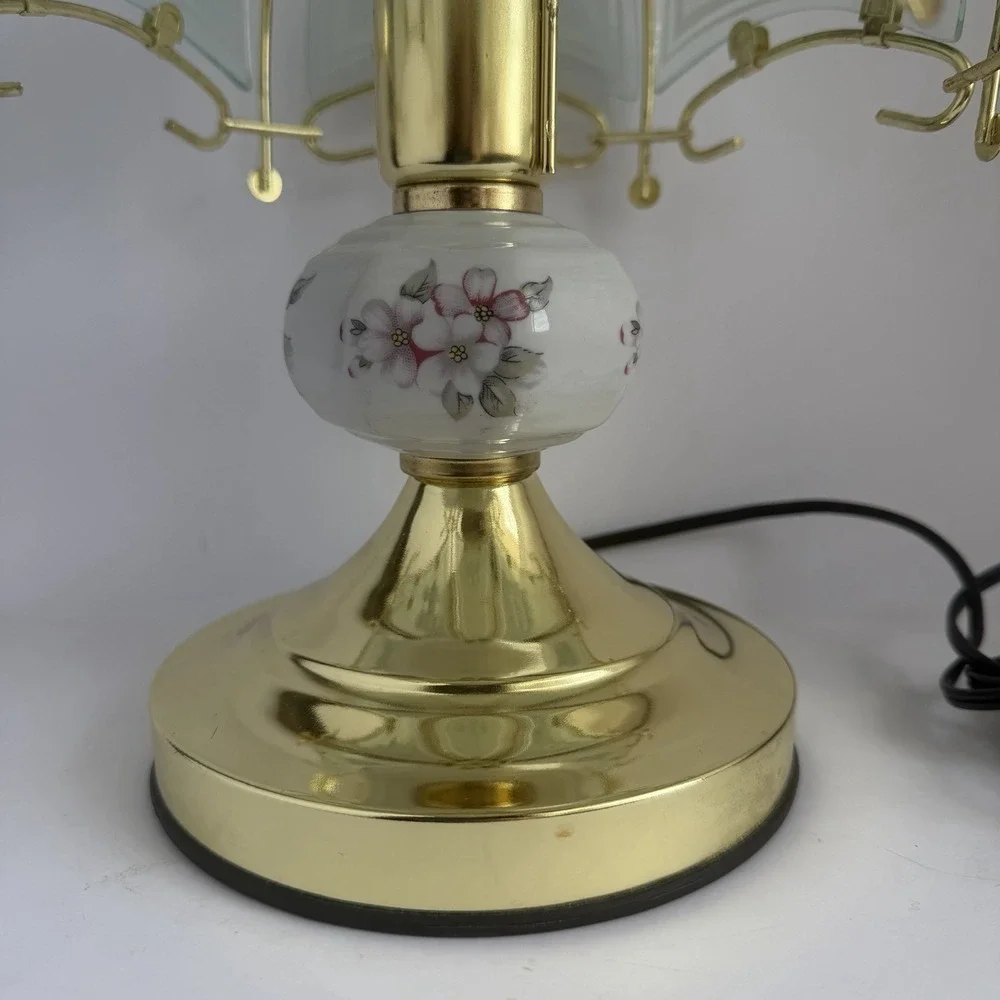 VTG 90s Touch Lamp Printed Floral Design Glass Small Table Lamp *Flaw*